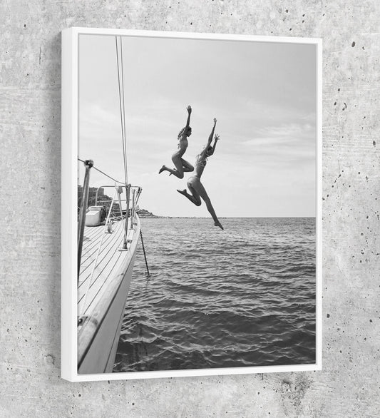 Best Friends Jumping Off Boat Canvas Wall Art, Leap Of Faith, Best Friends Jumping Off Yacht, Jumping Off Boat, Women Jumping into Water White floating Frame