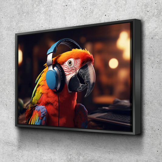 Party Parrot Canvas Wall Art, Parrot With Headphones, Parrot DJ, Parrot Decor, Funny Parrot Art With Floating Frame