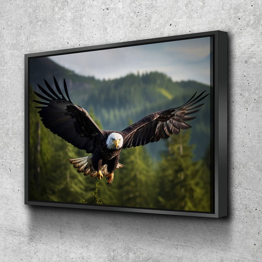 Flying Bald Eagle Canvas Wall Art, Bald Eagle Soaring Through Forest, Bald Eagle Decor, North American Eagle With Floating Frame