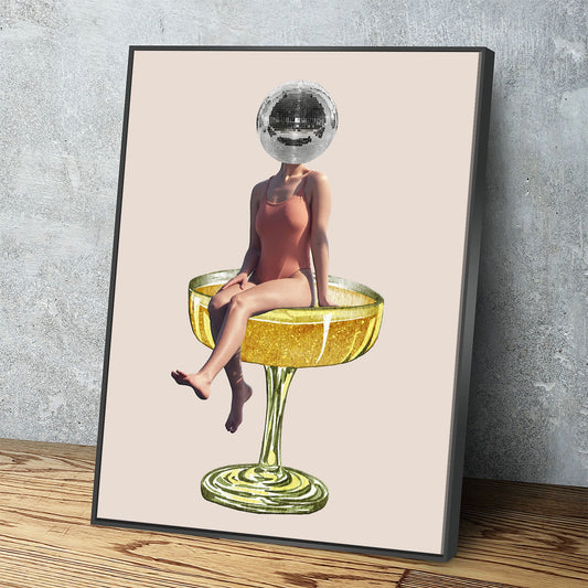 Disco Ball Head Canvas Wall Art, Retro Decor, Funky Print, Disco Print, Woman Sitting In Cocktail Glass, Disco Head Decor, Trendy Decor Black Floating Frame