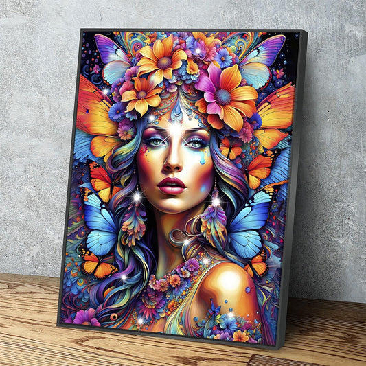 Hippie Girl Canvas Wall Art, Abstract Hippie Girl Wall Hanging, Girl With Butterflies, Flowers In Girls Hair, Vibrant Colors Wall Art Black Floating Frame