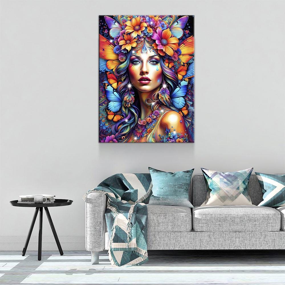 Hippie Girl Canvas Wall Art, Abstract Hippie Girl Wall Hanging, Girl With Butterflies, Flowers In Girls Hair, Vibrant Colors Wall Art Gallery Wrap