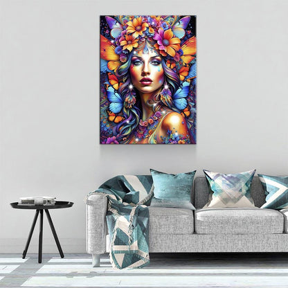 Hippie Girl Canvas Wall Art, Abstract Hippie Girl Wall Hanging, Girl With Butterflies, Flowers In Girls Hair, Vibrant Colors Wall Art Gallery Wrap
