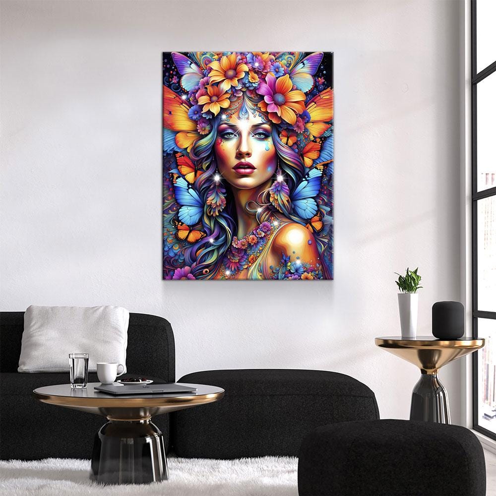 Hippie Girl Canvas Wall Art, Abstract Hippie Girl Wall Hanging, Girl With Butterflies, Flowers In Girls Hair, Vibrant Colors Wall Art