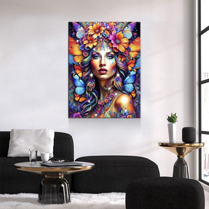 Hippie Girl Canvas Wall Art, Abstract Hippie Girl Wall Hanging, Girl With Butterflies, Flowers In Girls Hair, Vibrant Colors Wall Art