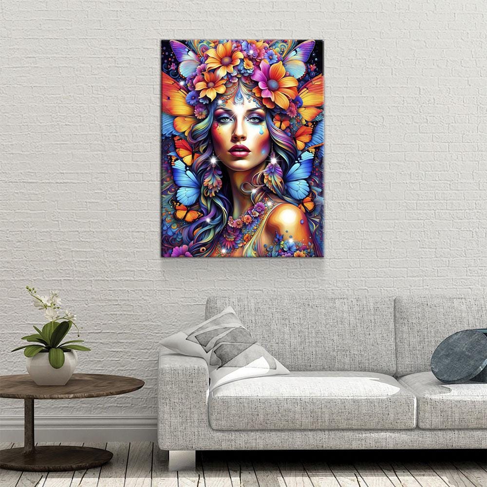 Hippie Girl Canvas Wall Art, Abstract Hippie Girl Wall Hanging, Girl With Butterflies, Flowers In Girls Hair, Vibrant Colors Wall Art