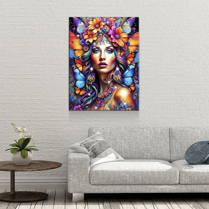 Hippie Girl Canvas Wall Art, Abstract Hippie Girl Wall Hanging, Girl With Butterflies, Flowers In Girls Hair, Vibrant Colors Wall Art