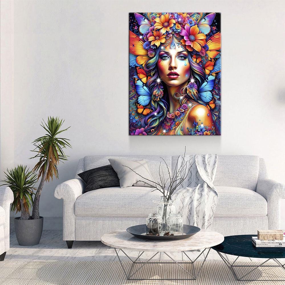 Hippie Girl Canvas Wall Art, Abstract Hippie Girl Wall Hanging, Girl With Butterflies, Flowers In Girls Hair, Vibrant Colors Wall Art
