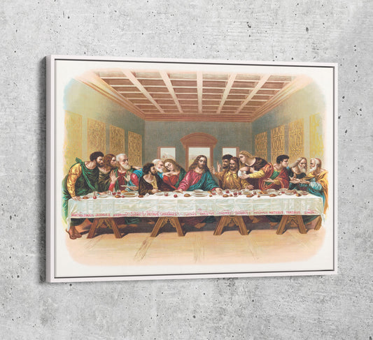The Last Supper Canvas Wall Art, 1898 Vintage Religious Print, Leonardo da Vinci Last Supper, Jesus With The Twelve Apostles Print White Floating Frame
