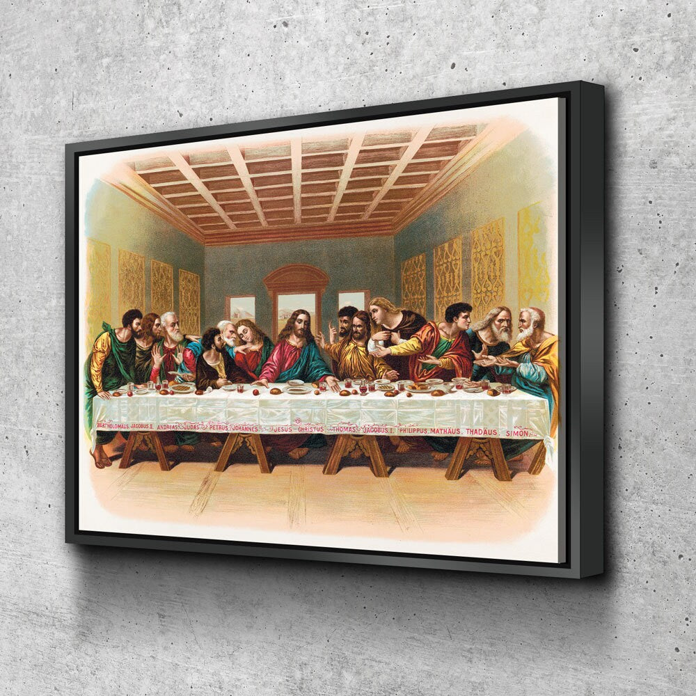 The Last Supper Canvas Wall Art, 1898 Vintage Religious Print, Leonardo da Vinci Last Supper, Jesus With The Twelve Apostles Print Black Floating Frame