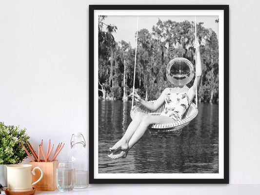 Disco Ball Headed Woman Framed Fine Art Print, Black & White Female Print, Vintage Print Black