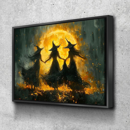 Witches Dancing Around The Fire Canvas Wall Art, Gothic Decor, Halloween Decor, Halloween Hanging, Witch Decor, Pagan Art Print, Hallows Eve With Floating Frame