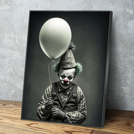Scary Clown With Balloon Canvas Wall Art, Scary Decor, Clown with Red Nose, Halloween Decor, Gothic Print, Clown Print, Haunted House Decor With Floating Frame