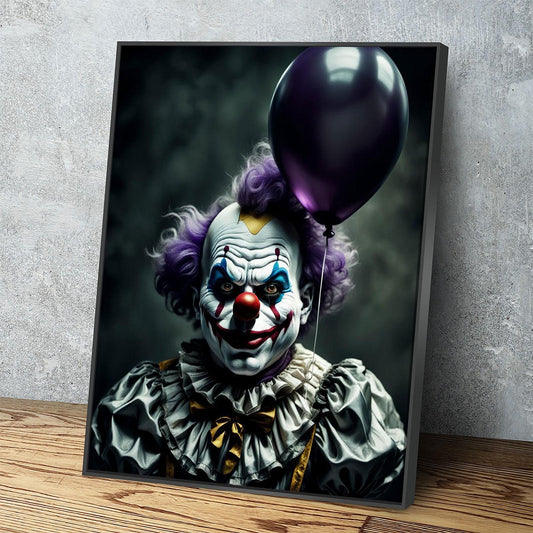 Scary Clown With Purple Balloon Canvas Wall Art, Scary Decor, Clown with Red Nose, Halloween Decor, Gothic Print, Clown Print, Haunted Decor With Floating Frame