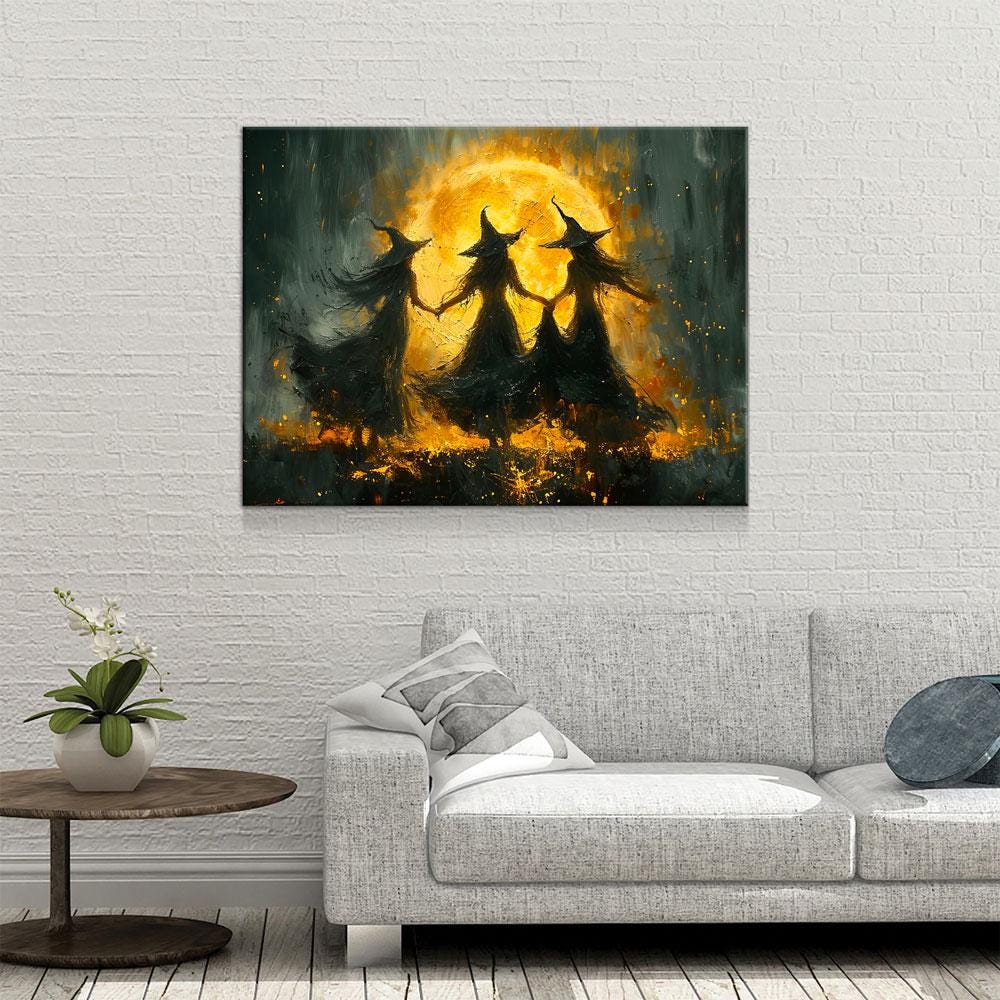 Witches Dancing Around The Fire Canvas Wall Art, Gothic Decor, Halloween Decor, Halloween Hanging, Witch Decor, Pagan Art Print, Hallows Eve Gallery Wrap