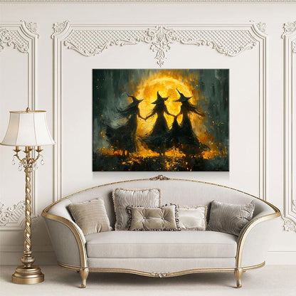 Witches Dancing Around The Fire Canvas Wall Art, Gothic Decor, Halloween Decor, Halloween Hanging, Witch Decor, Pagan Art Print, Hallows Eve