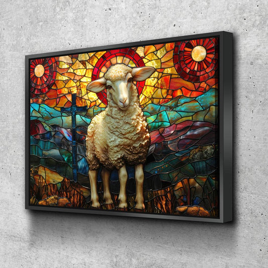 Lamb of God Canvas Wall Art, Stained Glass Lamb of God Print, Mountain Sheep and Cross, Faith Of God Print, Religious Decor, Church Decor With floating Frame