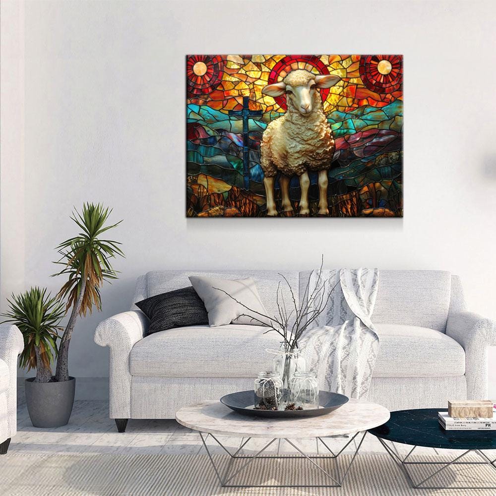 Lamb of God Canvas Wall Art, Stained Glass Lamb of God Print, Mountain Sheep and Cross, Faith Of God Print, Religious Decor, Church Decor Gallery Wrap