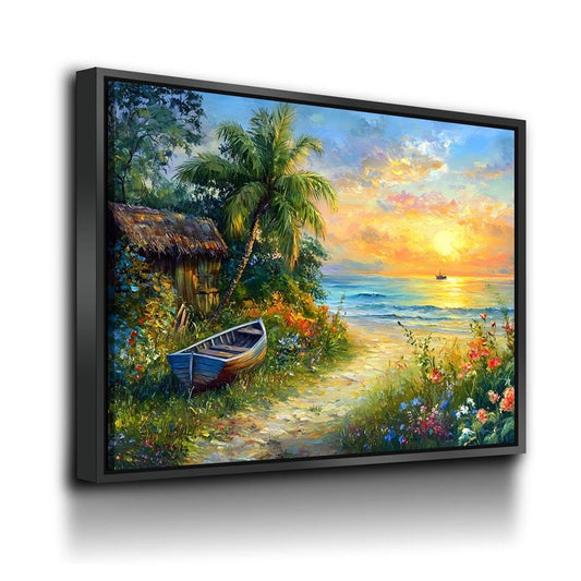 Boat on Tropical Beach Canvas Wall Art, Ocean Beach With Coconut Tree, Boat And Beach Hut, Tropical Decor, Beach House, Coastal Decor