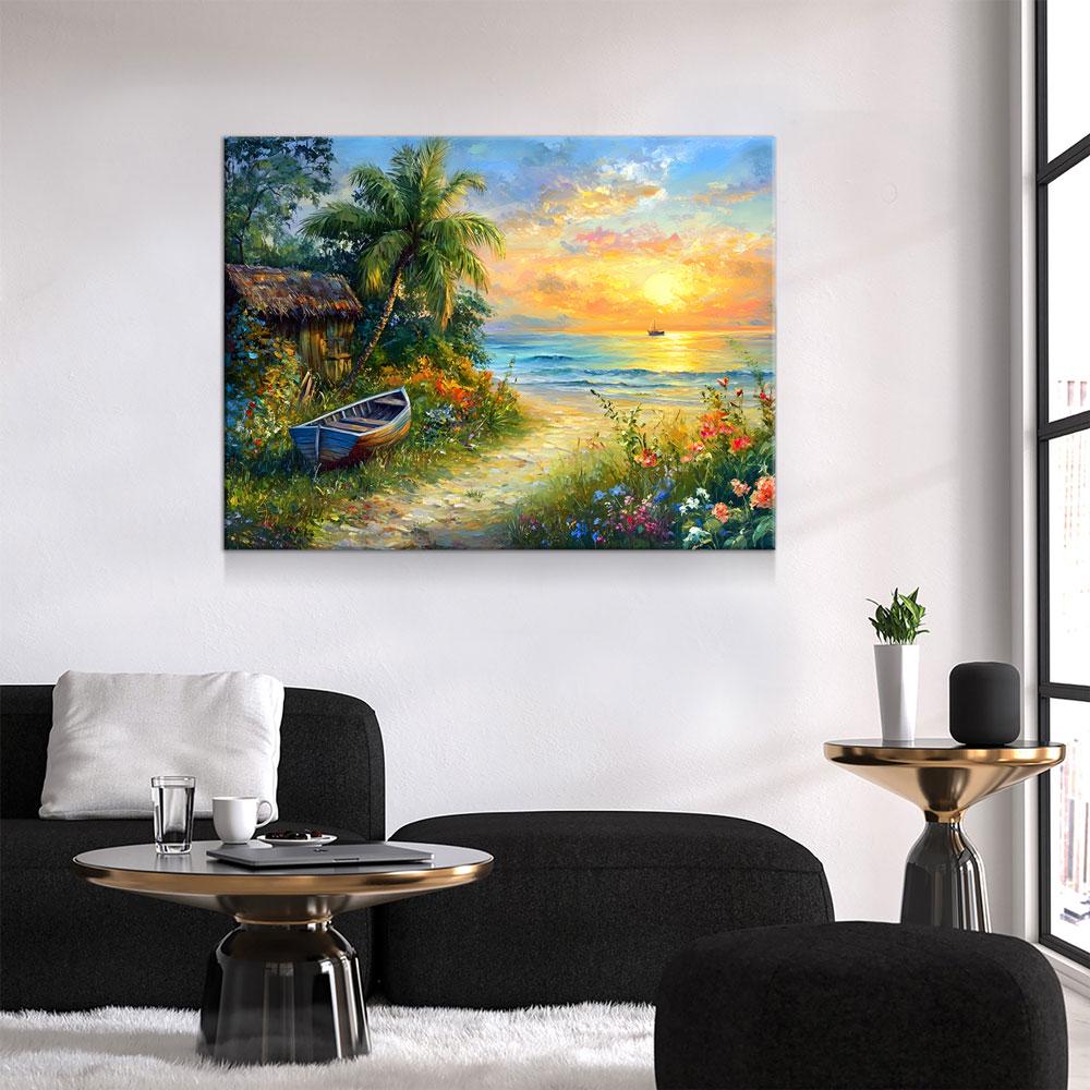 Boat on Tropical Beach Canvas Wall Art, Ocean Beach With Coconut Tree, Boat And Beach Hut, Tropical Decor, Beach House, Coastal Decor