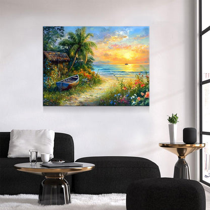 Boat on Tropical Beach Canvas Wall Art, Ocean Beach With Coconut Tree, Boat And Beach Hut, Tropical Decor, Beach House, Coastal Decor