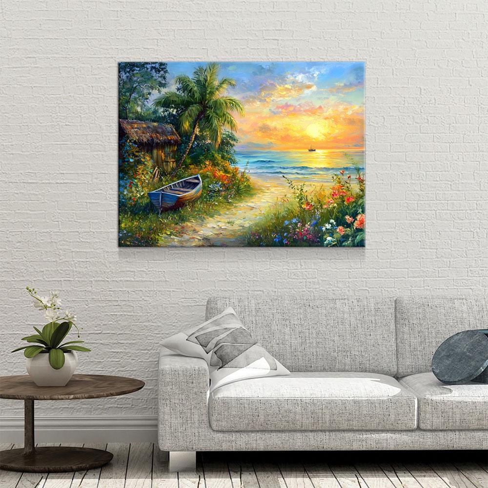Boat on Tropical Beach Canvas Wall Art, Ocean Beach With Coconut Tree, Boat And Beach Hut, Tropical Decor, Beach House, Coastal Decor
