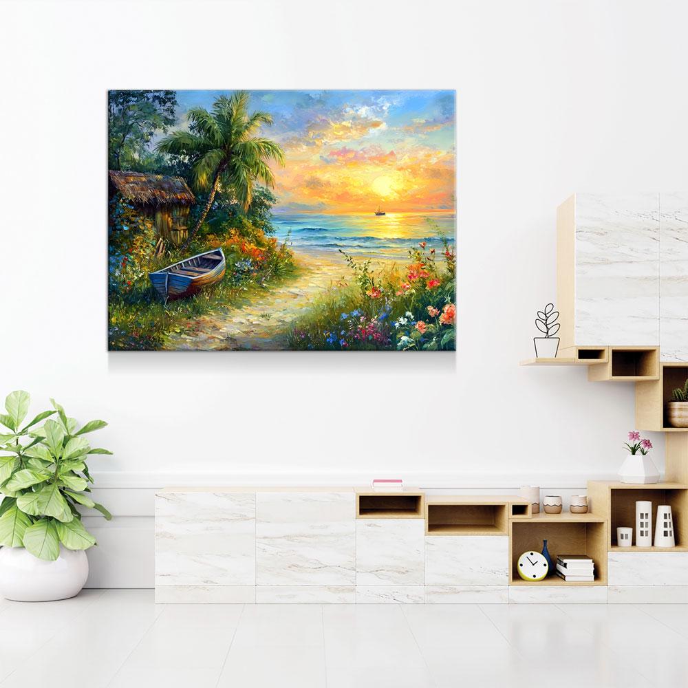 Boat on Tropical Beach Canvas Wall Art, Ocean Beach With Coconut Tree, Boat And Beach Hut, Tropical Decor, Beach House, Coastal Decor