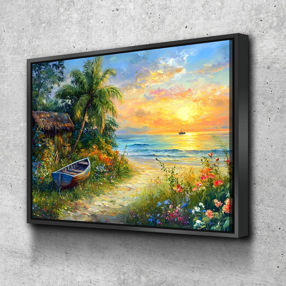 Boat on Tropical Beach Canvas Wall Art, Ocean Beach With Coconut Tree, Boat And Beach Hut, Tropical Decor, Beach House, Coastal Decor With Floating Frame