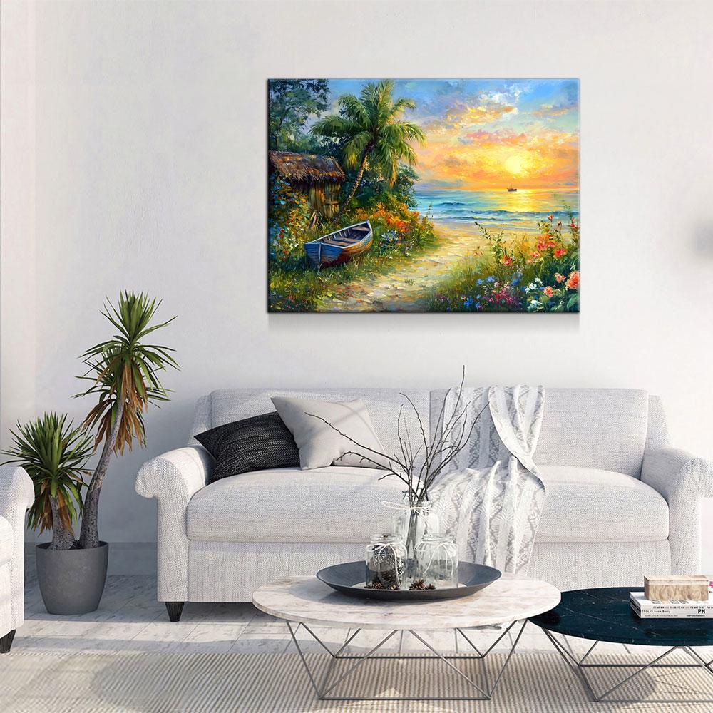 Boat on Tropical Beach Canvas Wall Art, Ocean Beach With Coconut Tree, Boat And Beach Hut, Tropical Decor, Beach House, Coastal Decor Gallery Wrap