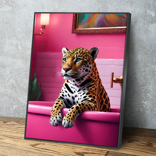 Jaguar In Bathtub Canvas Wall Art, Pink Bathtub, Big Cat In Bathtub, Bathroom Decor, Pink Decor, Jaguar Art Black Floating Frame