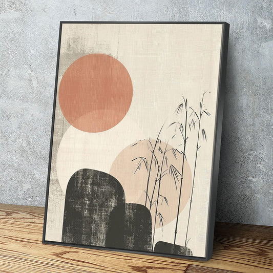 Japandi Red Sun Bamboo Canvas Wall Art, Japandi Art, Japanese Art, Japandi Decor, Japandi Zen Wall Art, Asian Bamboo Art, Textured Style Black Floating Frame