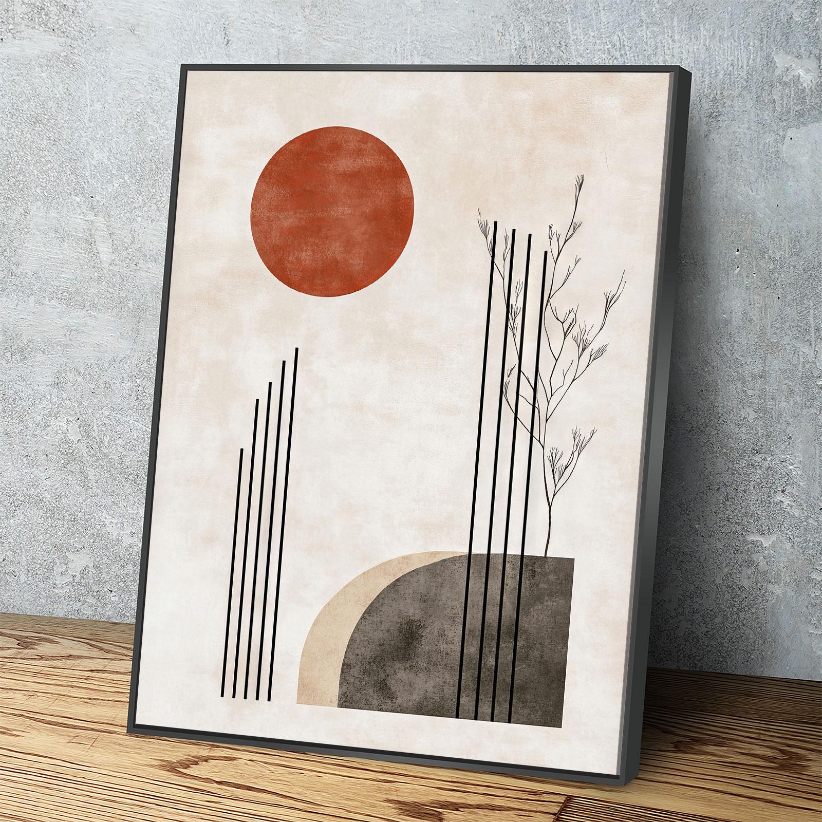 Japandi Red Sun Canvas Wall Art, Japandi Art, Japanese Wall Art, Japandi Decor, Japandi Zen Wall Art, Watercolor Style, Red Sun In Woods Black Floating Frame