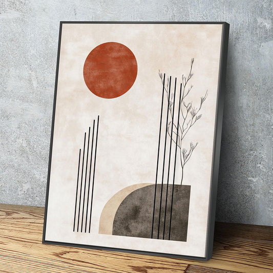 Japandi Red Sun Canvas Wall Art, Japandi Art, Japanese Wall Art, Japandi Decor, Japandi Zen Wall Art, Watercolor Style, Red Sun In Woods Black Floating Frame