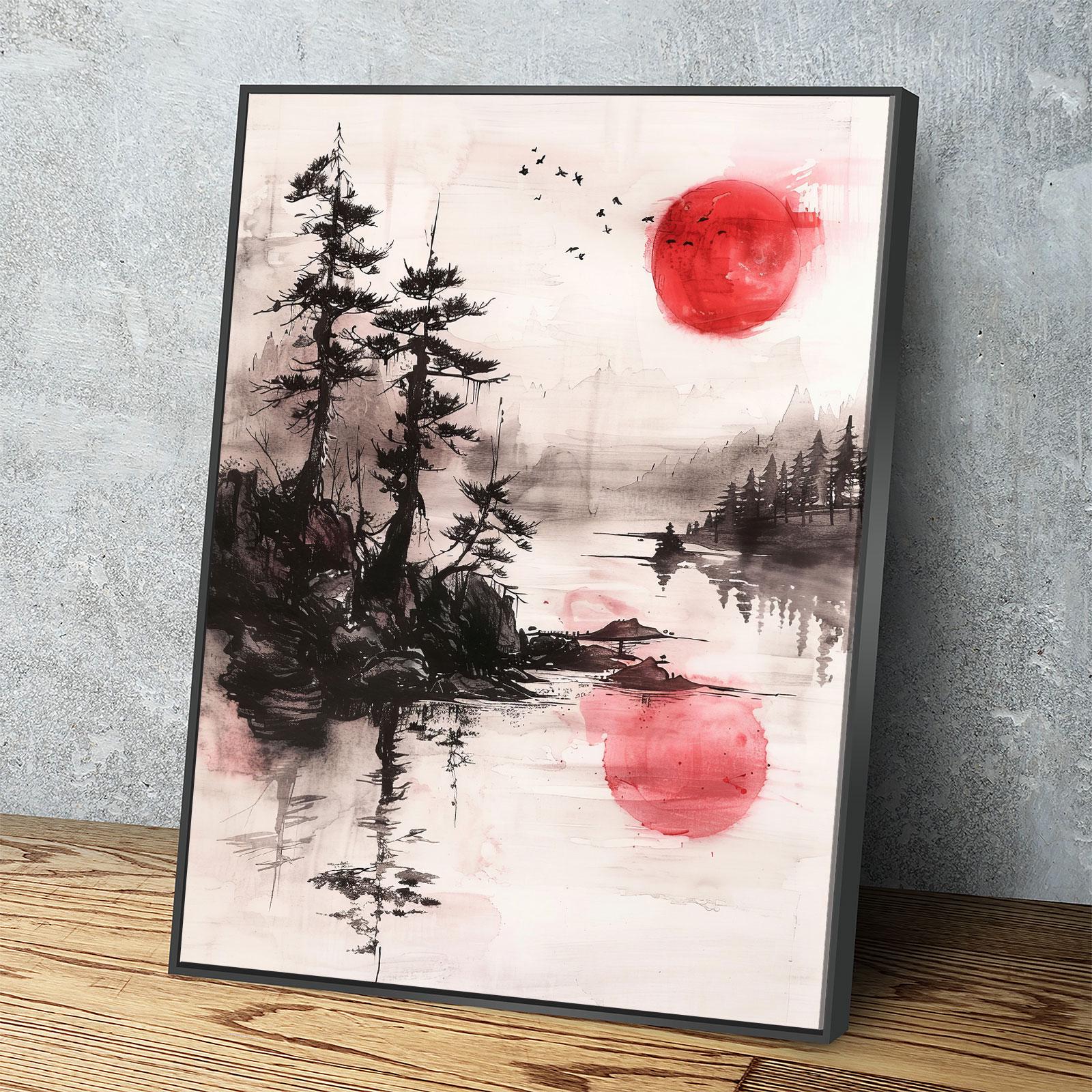 Japandi Canvas Wall Art, Japandi Art, Japanese Wall Art, Japandi Decor, Japandi Zen Wall Art, Watercolor Style, Red Sun On Water Black Floating Frame