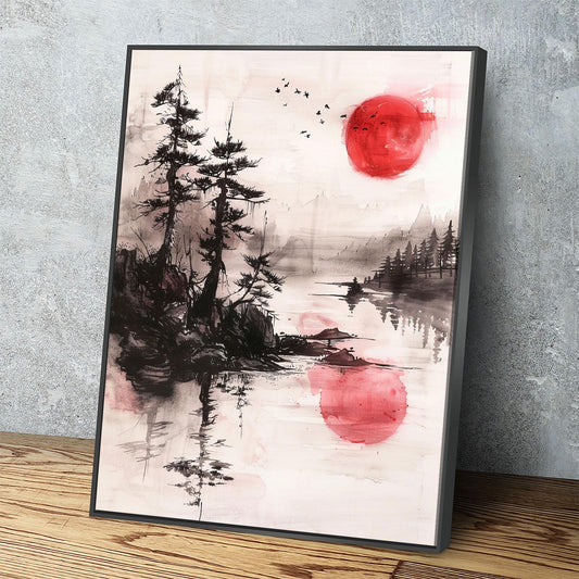 Japandi Canvas Wall Art, Japandi Art, Japanese Wall Art, Japandi Decor, Japandi Zen Wall Art, Watercolor Style, Red Sun On Water Black Floating Frame