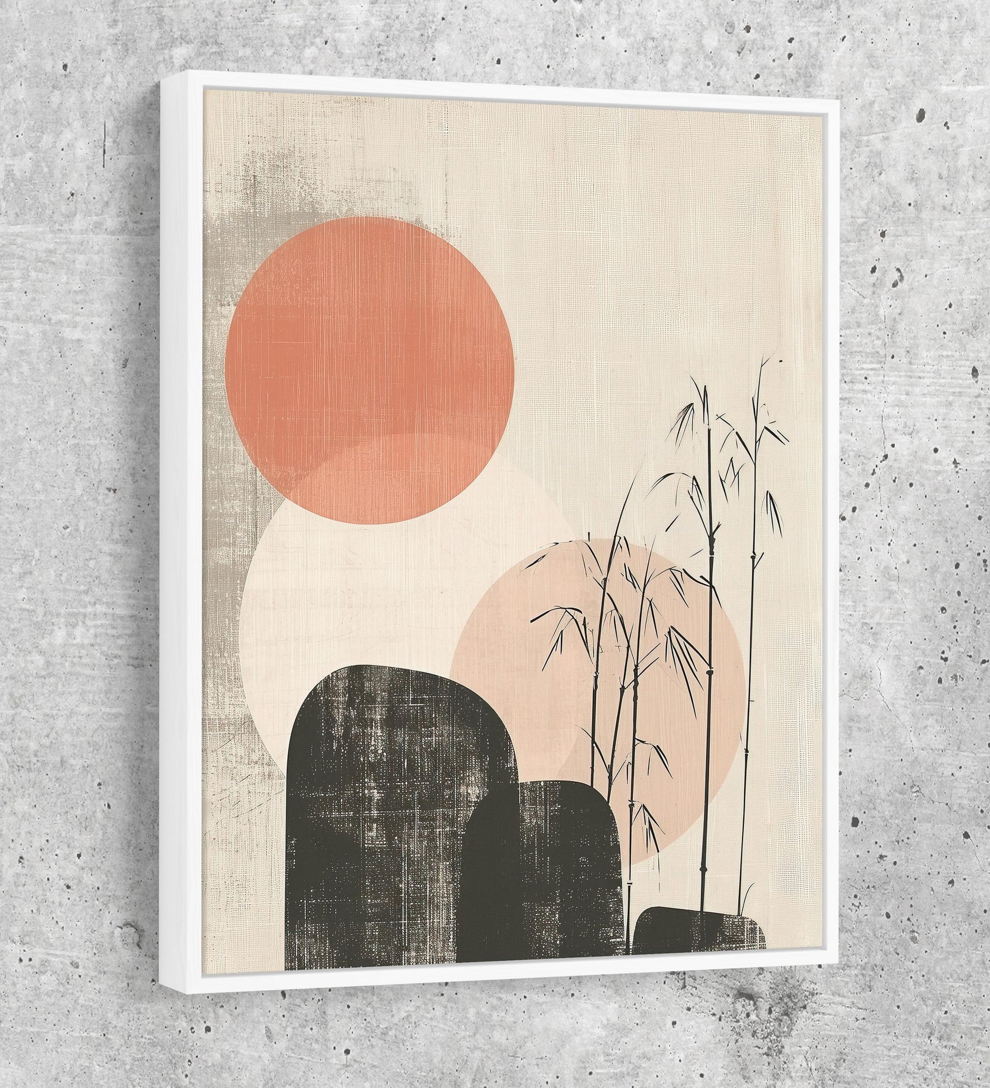 Japandi Red Sun Bamboo Canvas Wall Art, Japandi Art, Japanese Art, Japandi Decor, Japandi Zen Wall Art, Asian Bamboo Art, Textured Style White Floating Frame