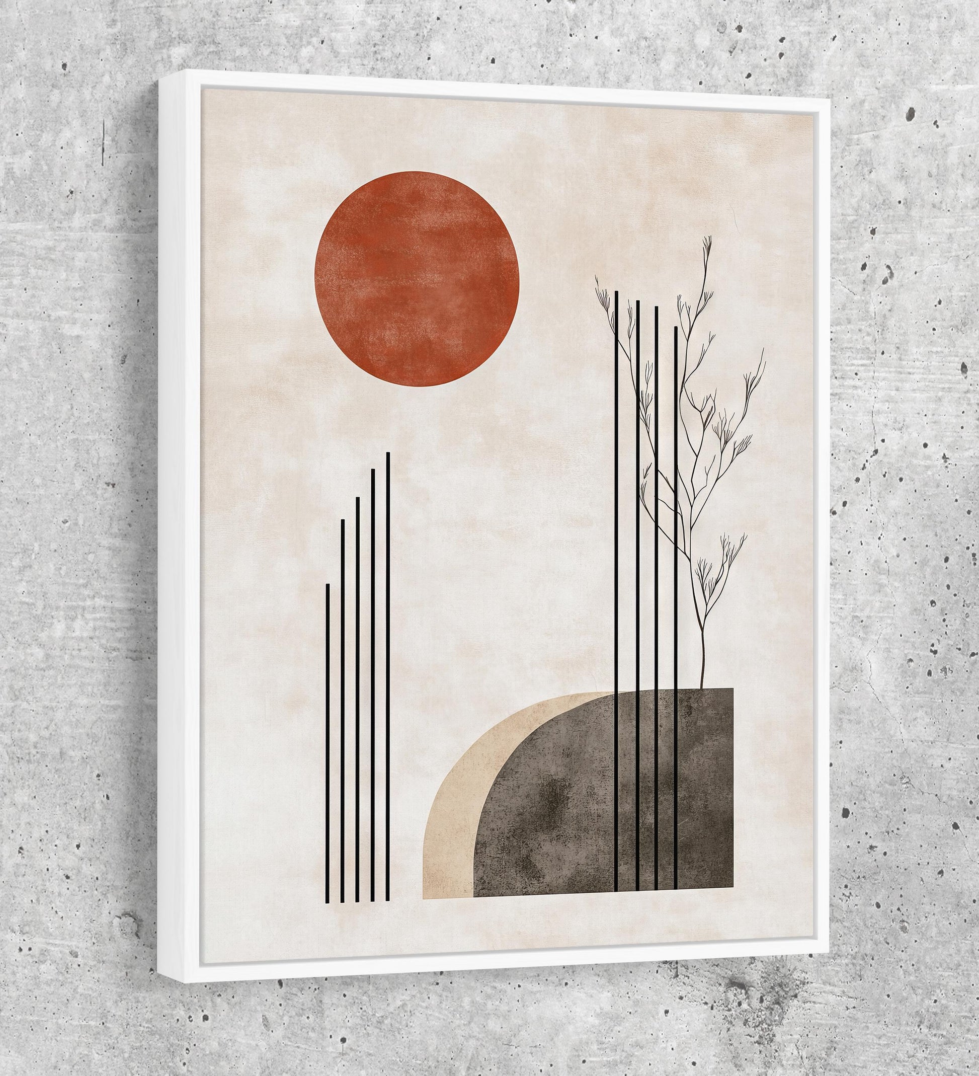 Japandi Red Sun Canvas Wall Art, Japandi Art, Japanese Wall Art, Japandi Decor, Japandi Zen Wall Art, Watercolor Style, Red Sun In Woods White Floating Frame