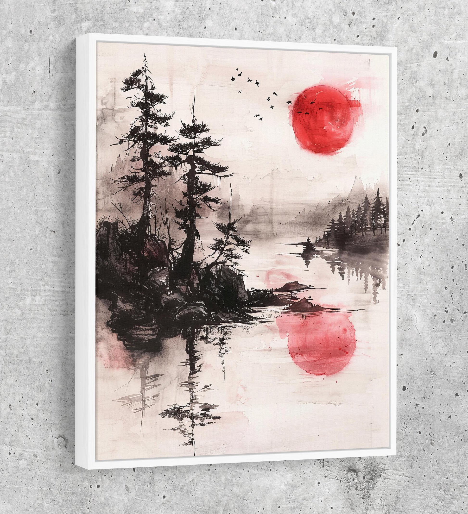 Japandi Canvas Wall Art, Japandi Art, Japanese Wall Art, Japandi Decor, Japandi Zen Wall Art, Watercolor Style, Red Sun On Water White Floating Frame