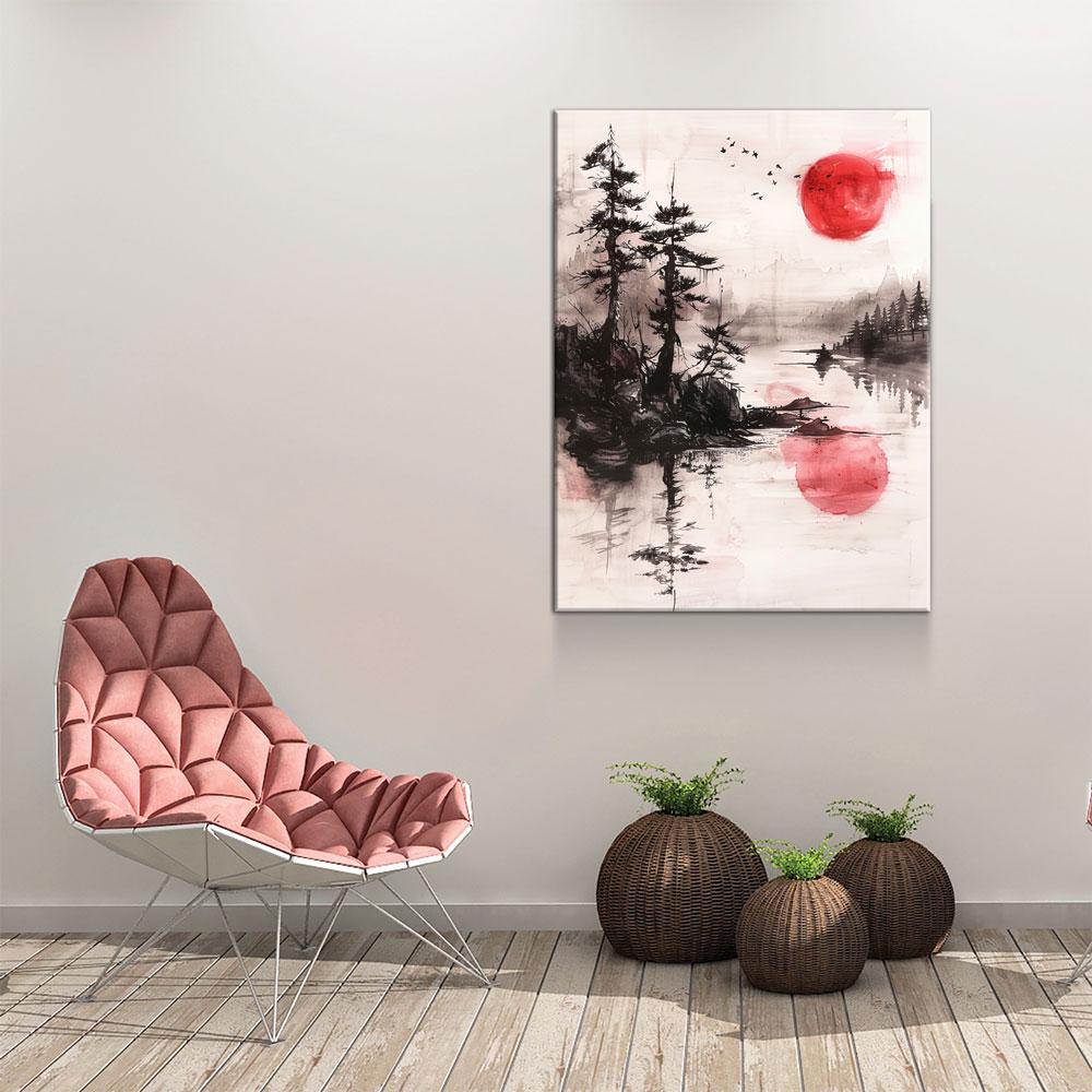 Japandi Canvas Wall Art, Japandi Art, Japanese Wall Art, Japandi Decor, Japandi Zen Wall Art, Watercolor Style, Red Sun On Water Gallery Wrap