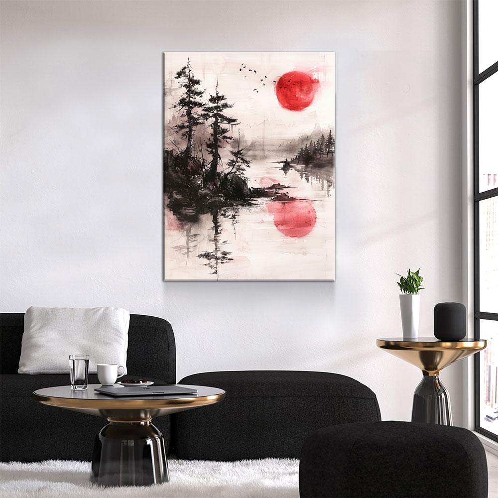 Japandi Canvas Wall Art, Japandi Art, Japanese Wall Art, Japandi Decor, Japandi Zen Wall Art, Watercolor Style, Red Sun On Water