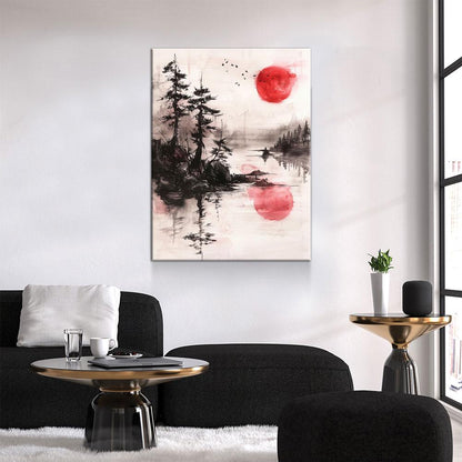 Japandi Canvas Wall Art, Japandi Art, Japanese Wall Art, Japandi Decor, Japandi Zen Wall Art, Watercolor Style, Red Sun On Water