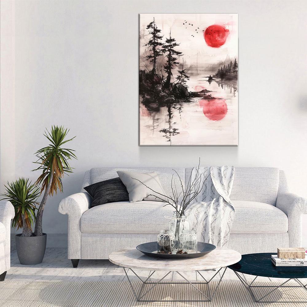 Japandi Canvas Wall Art, Japandi Art, Japanese Wall Art, Japandi Decor, Japandi Zen Wall Art, Watercolor Style, Red Sun On Water