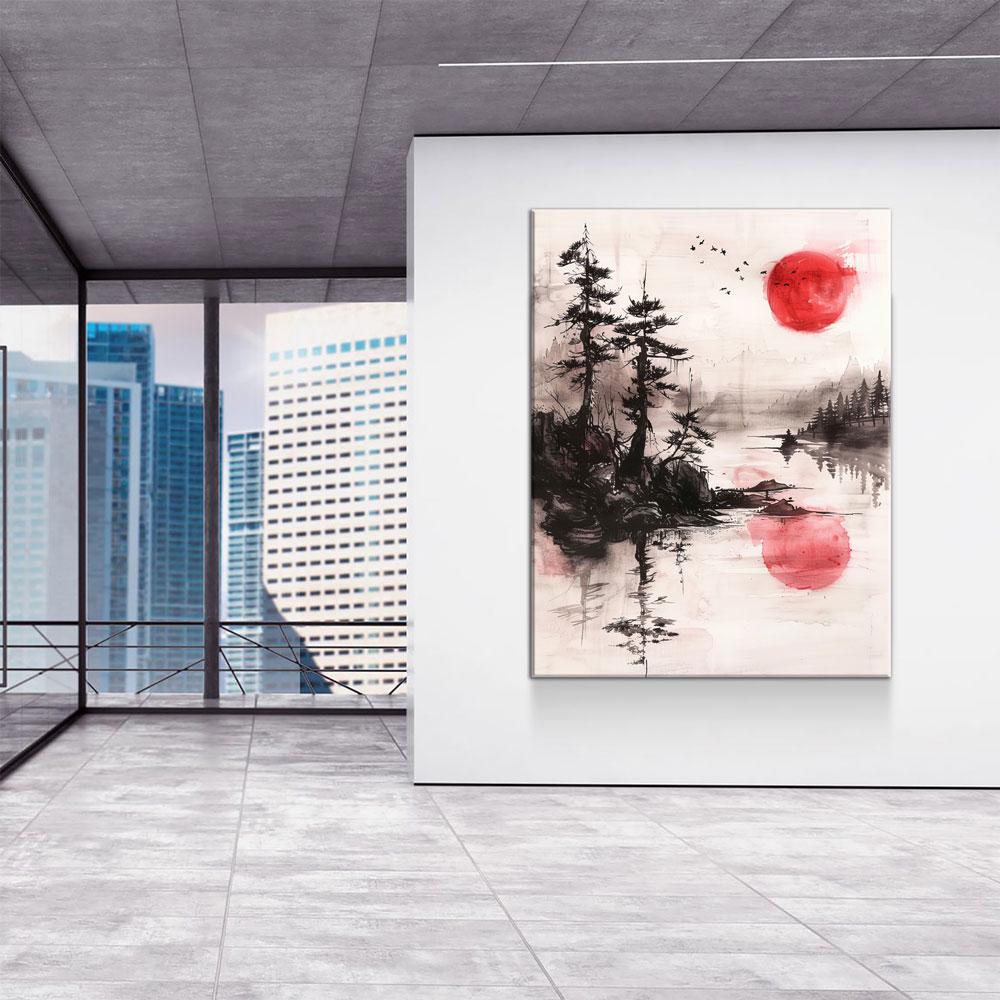 Japandi Canvas Wall Art, Japandi Art, Japanese Wall Art, Japandi Decor, Japandi Zen Wall Art, Watercolor Style, Red Sun On Water