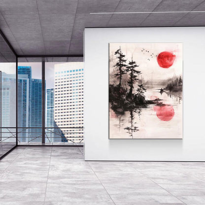 Japandi Canvas Wall Art, Japandi Art, Japanese Wall Art, Japandi Decor, Japandi Zen Wall Art, Watercolor Style, Red Sun On Water