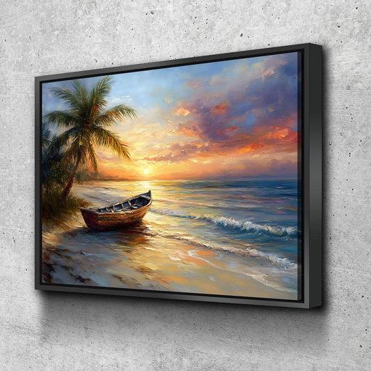 Tropical Beach Sunset Canvas Wall Art, Ocean Beach Boat, Tropical Decor, Beach House, Coastal Decor, Ocean Sunset, Tropical Island Beach With Floating Frame