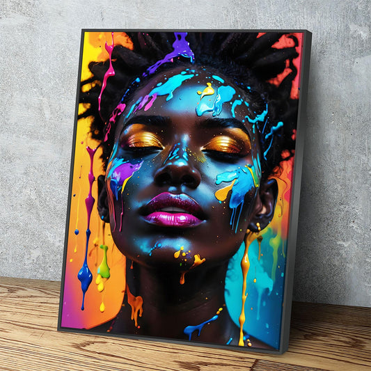 Black Girl With Paint Splatter Canvas Wall Art, African American Fashion Print, Beautiful Woman Print, Fashion Paint Makeup, Salon Decor With Floating Frame