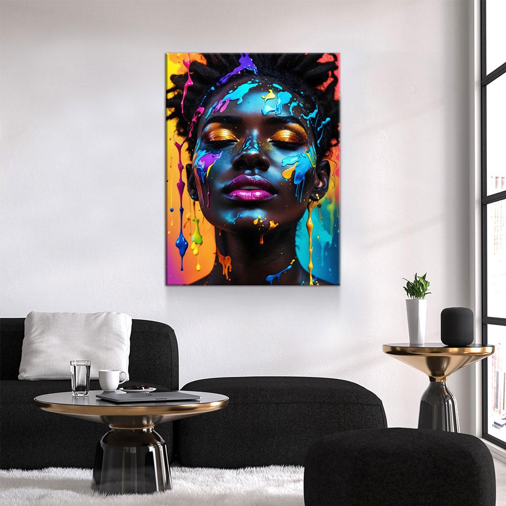 Black Girl With Paint Splatter Canvas Wall Art, African American Fashion Print, Beautiful Woman Print, Fashion Paint Makeup, Salon Decor Gallery Wrap