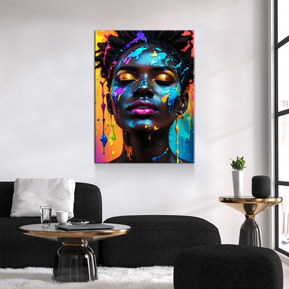 Black Girl With Paint Splatter Canvas Wall Art, African American Fashion Print, Beautiful Woman Print, Fashion Paint Makeup, Salon Decor Gallery Wrap