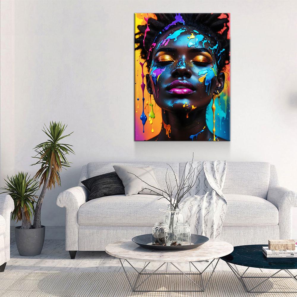 Black Girl With Paint Splatter Canvas Wall Art, African American Fashion Print, Beautiful Woman Print, Fashion Paint Makeup, Salon Decor