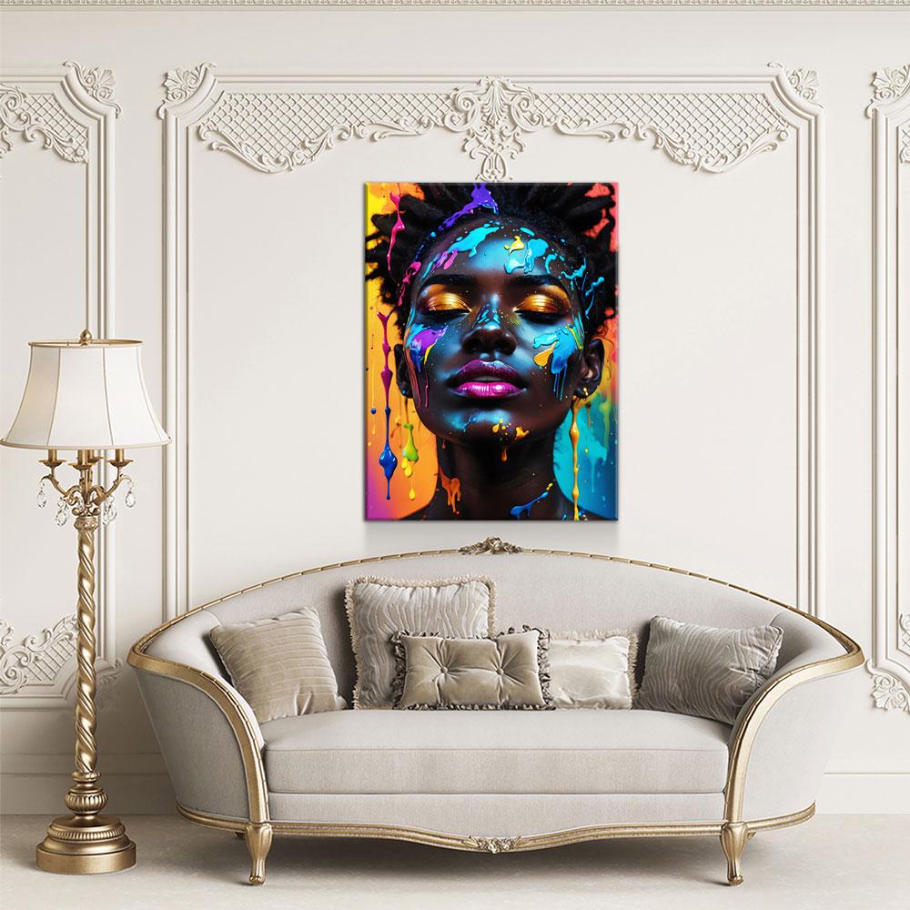 Black Girl With Paint Splatter Canvas Wall Art, African American Fashion Print, Beautiful Woman Print, Fashion Paint Makeup, Salon Decor